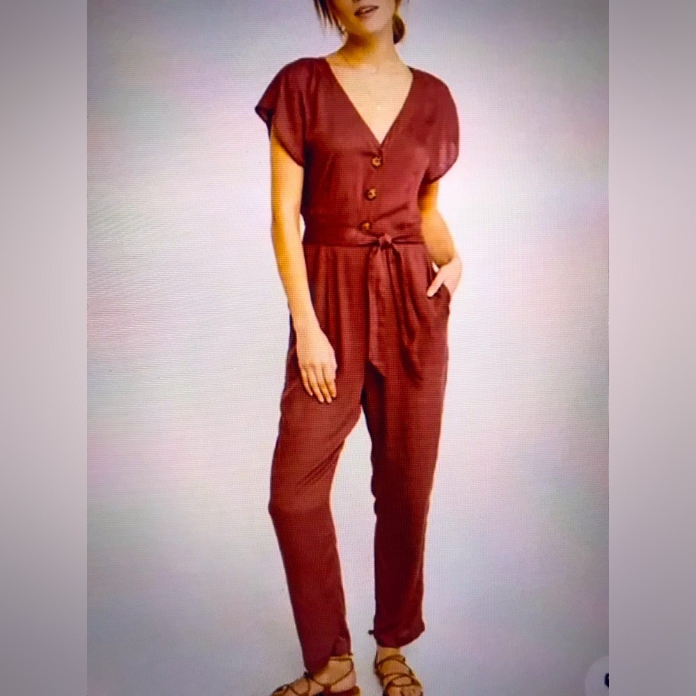 Abercrombie & Fitch Red Rust V-Neck Short Sleeve Jumpsuit